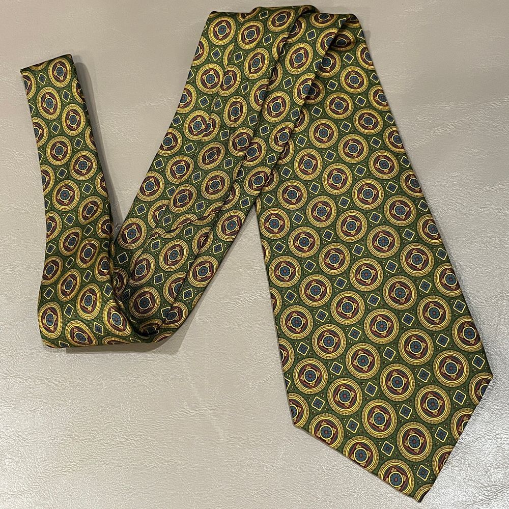 Polo Ralph Lauren Vintage Geometric Circle Print Silk Tie in Green and Gold - Picture 1 of 12